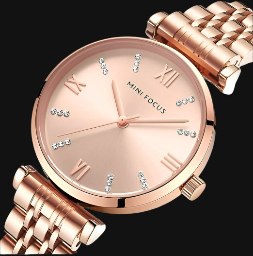 DL Focus Rose Gold Wristwatch with Stainless Steel Bracelet, Diamond Accents