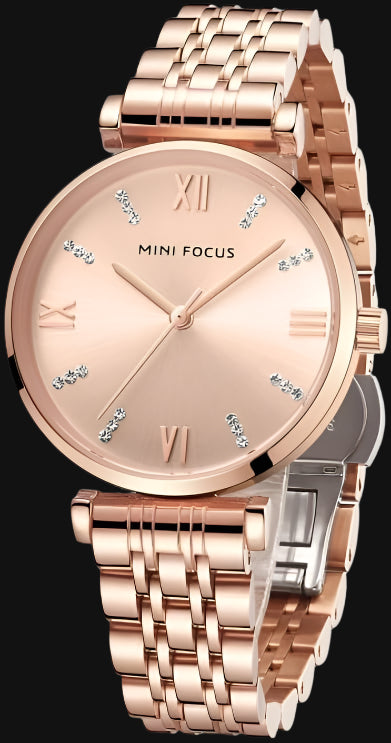 DL Focus Rose Gold Wristwatch with Stainless Steel Bracelet, Diamond Accents