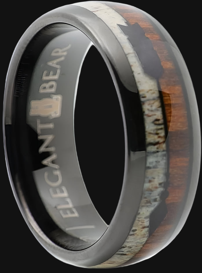 DL Black Tungsten Carbide Ring inlaid with Natural Koa Wood and Natural deer ivory