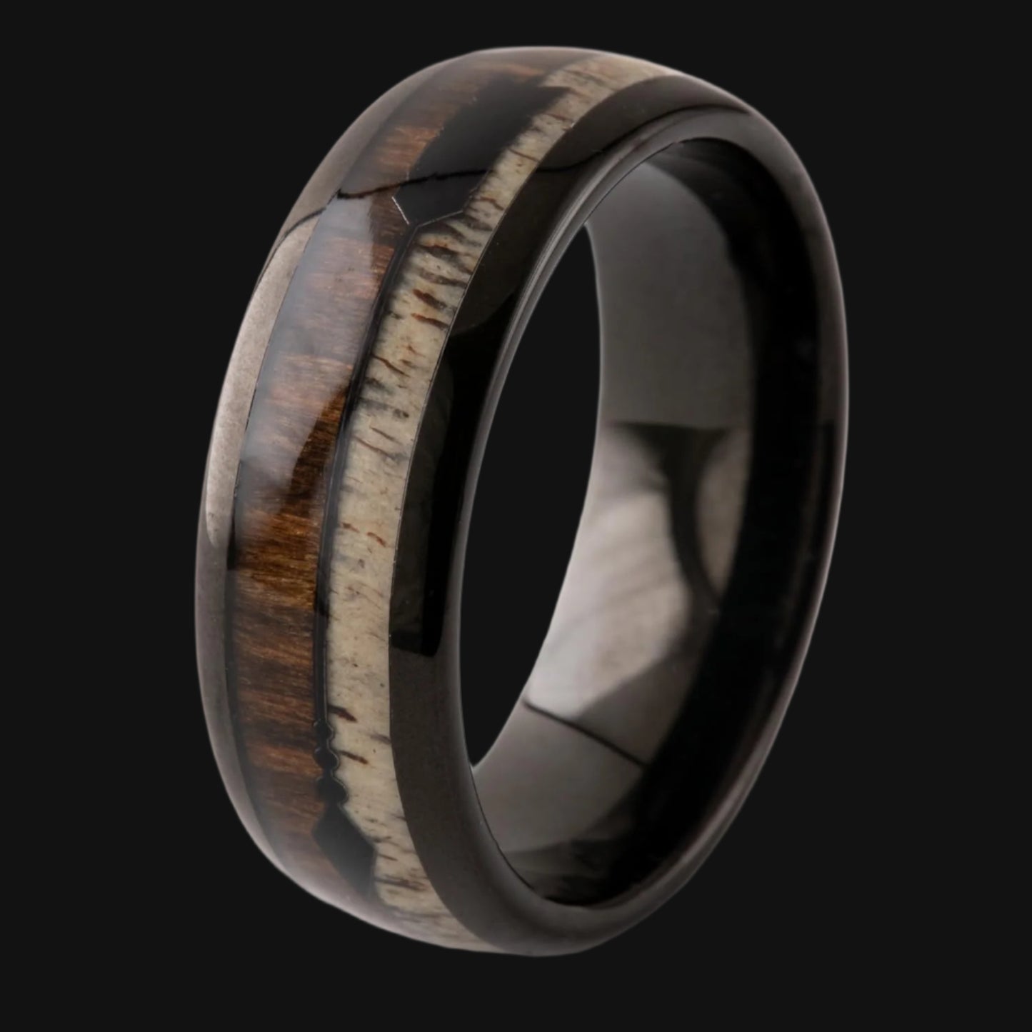 DL Black Tungsten Carbide Ring inlaid with Natural Koa Wood and Natural deer ivory