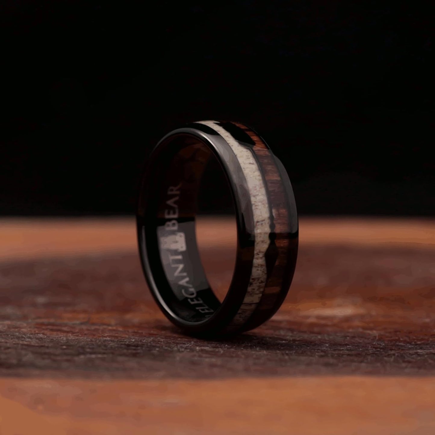 DL Black Tungsten Carbide Ring inlaid with Natural Koa Wood and Natural deer ivory