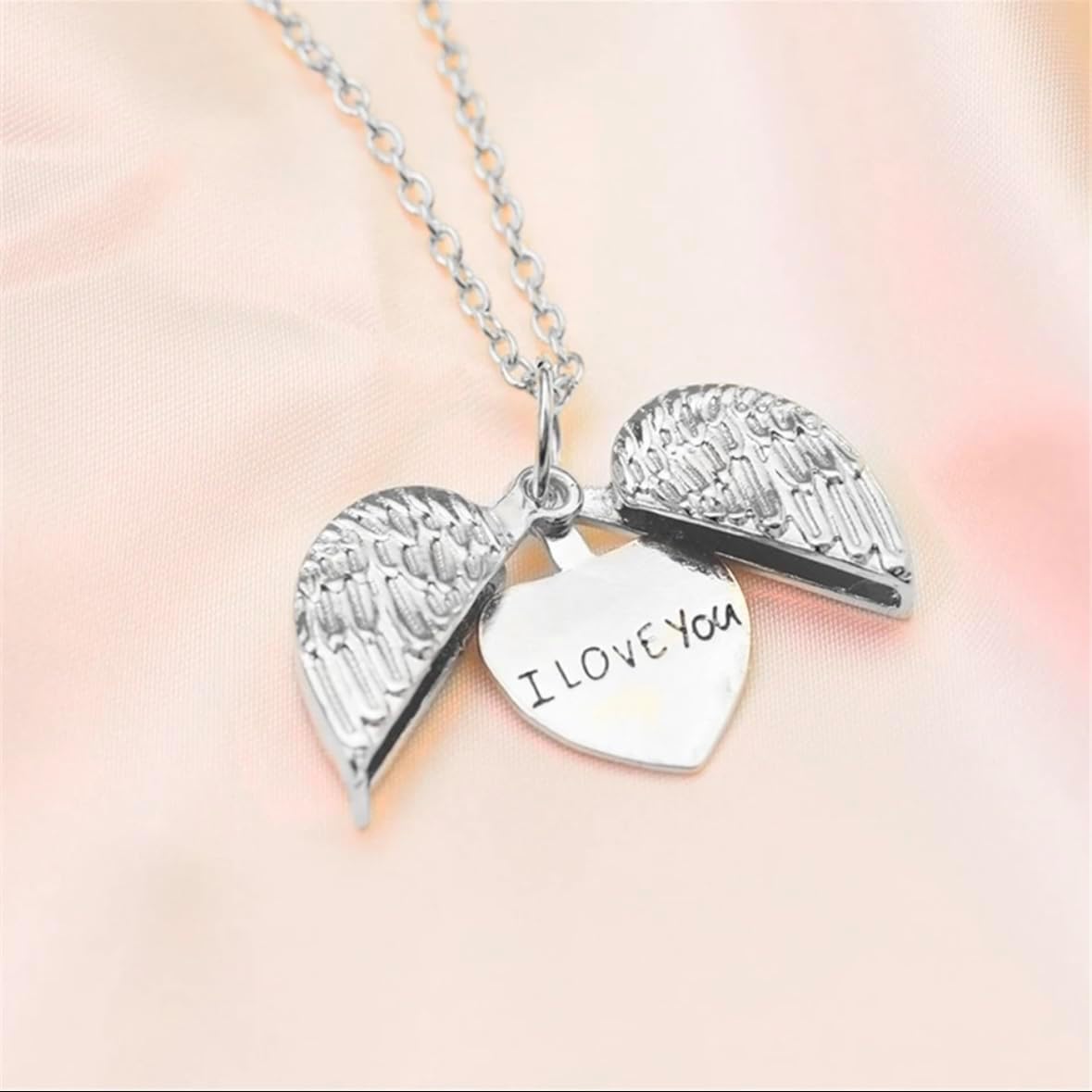 DL Trendy Heart Angel Wings Open Pendant Necklace Romantic "I Love You"