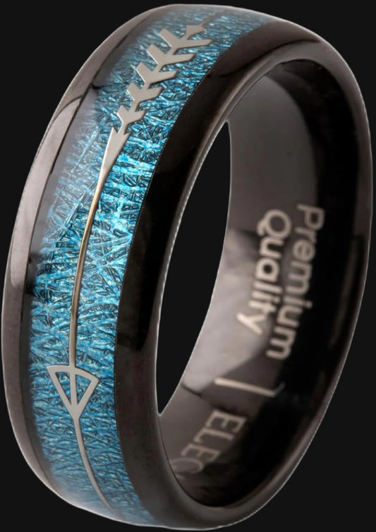 DL black tungsten carbide ring features a blue artificial meteorite inlay and a silver arrow in the centre.