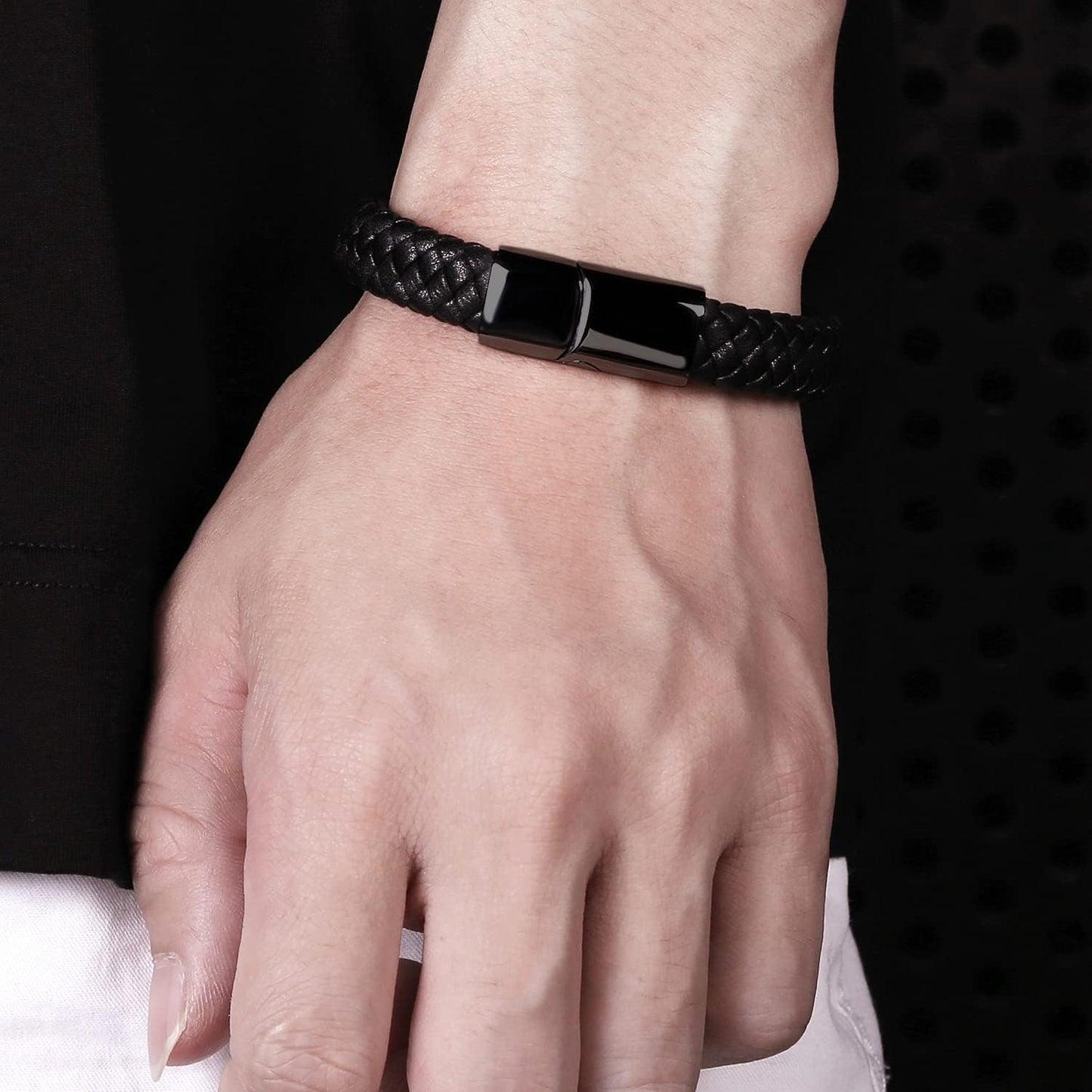 DL Men's Black Leather Bracelet