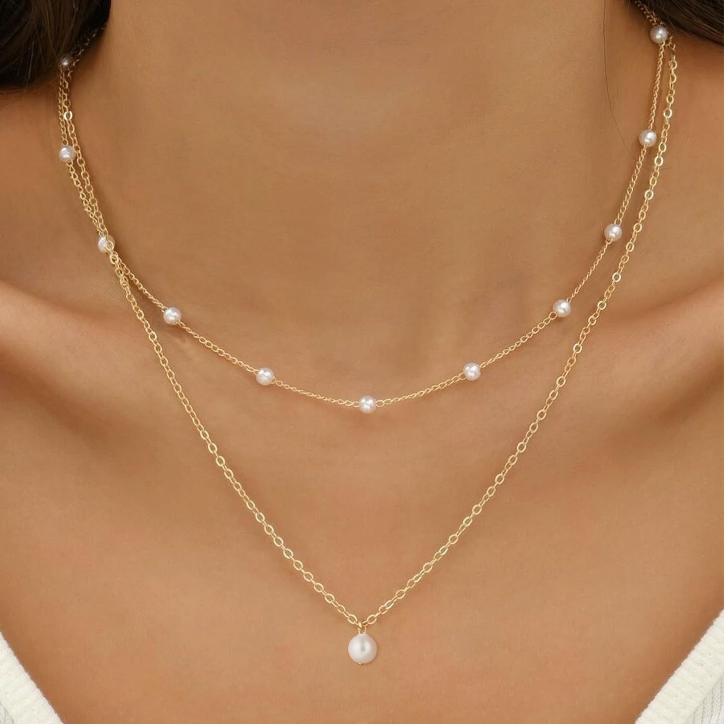 DL Simple Herringbone Chain Pearl Necklace for Women