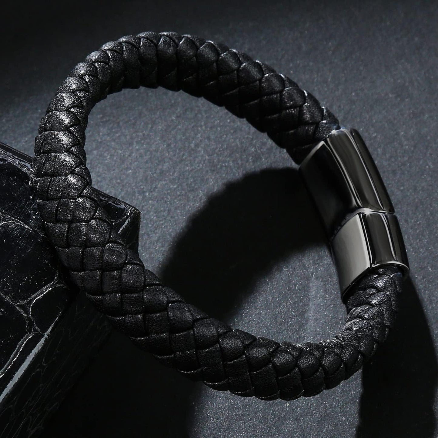 DL Men's Black Leather Bracelet