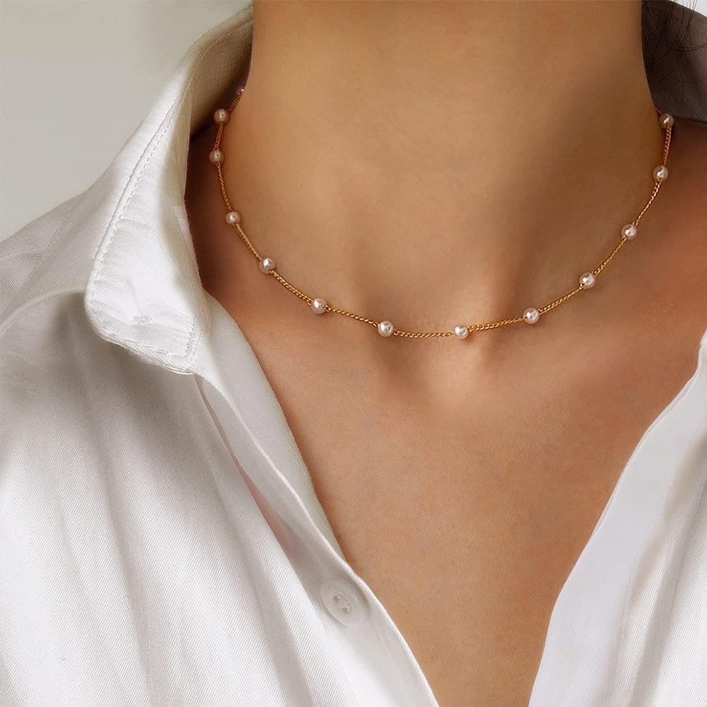 DL Simple Herringbone Chain Pearl Necklace for Women