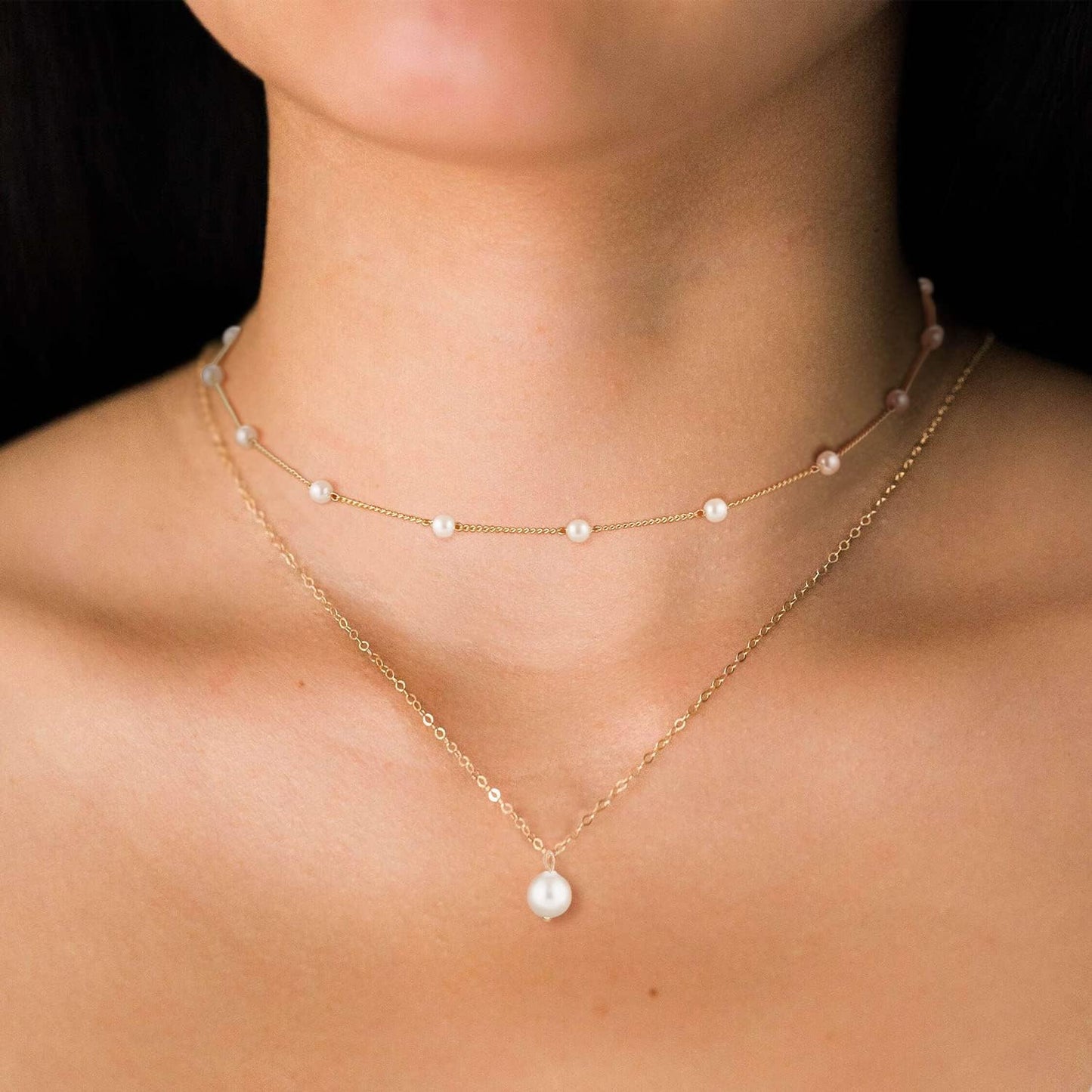 DL Simple Herringbone Chain Pearl Necklace for Women