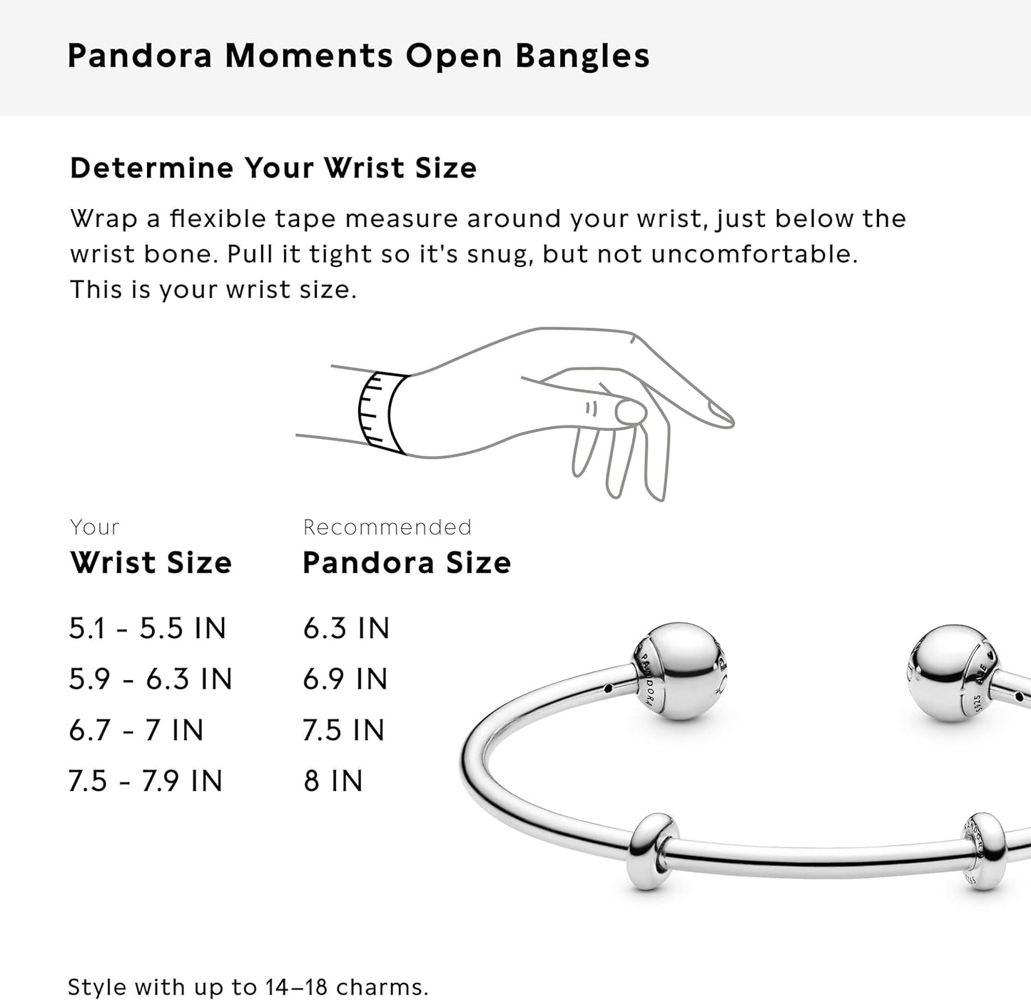 Pandora Silver open bangle with silicone stoppers and interchangeable end caps