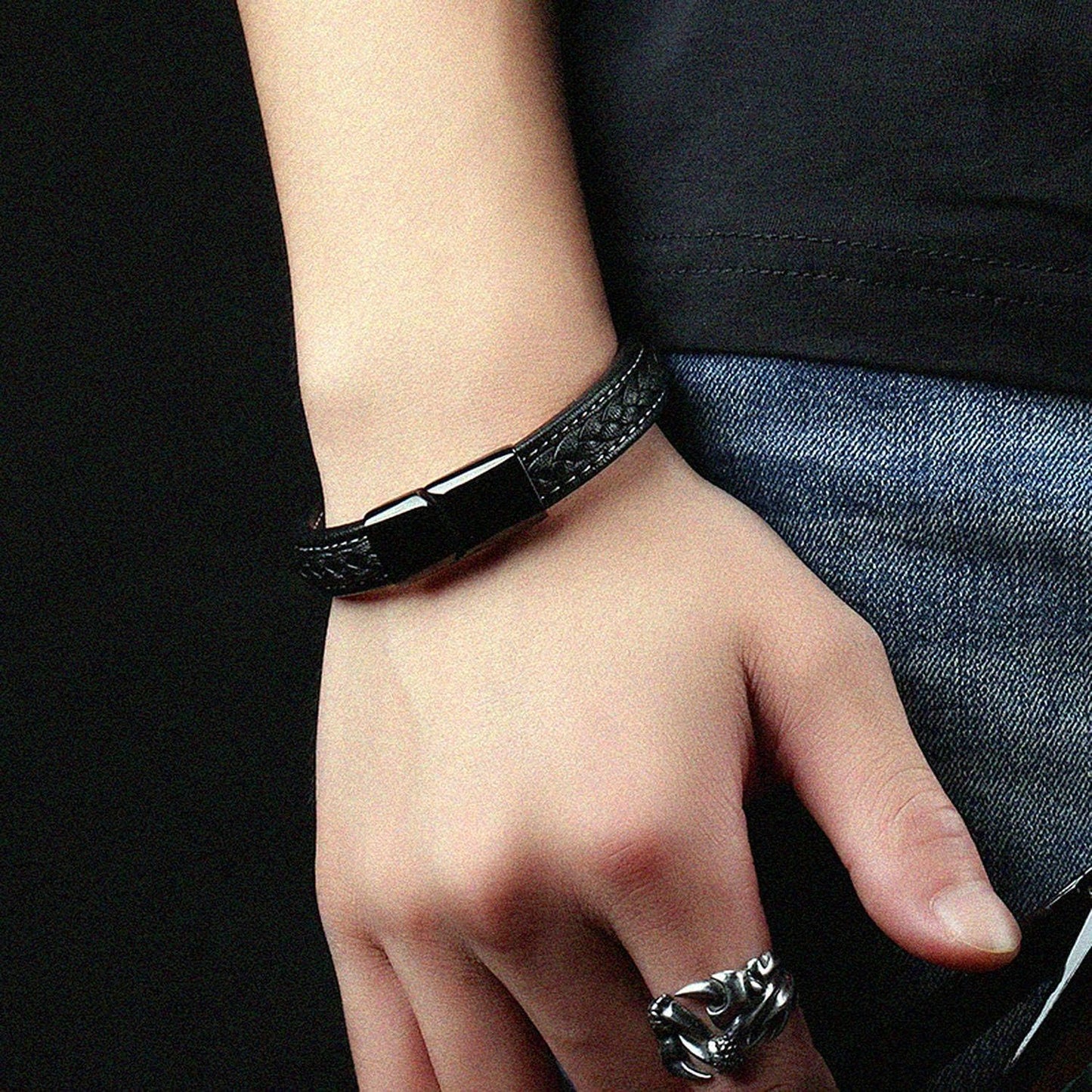 DL Pure titanium black leather bracelet