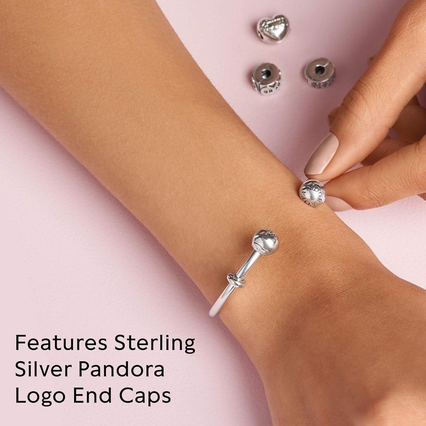 Pandora Silver open bangle with silicone stoppers and interchangeable end caps