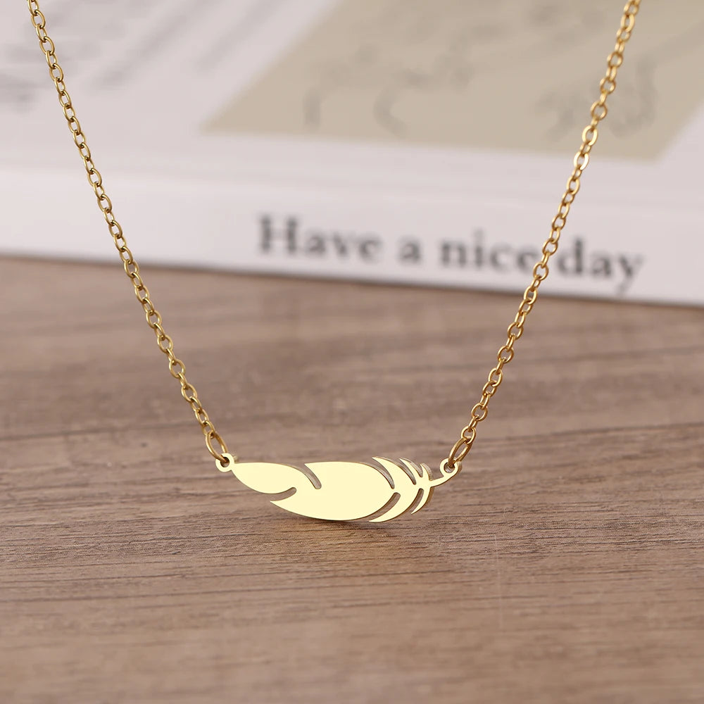 DL Simple Feather Charm Pendant Necklace For Women