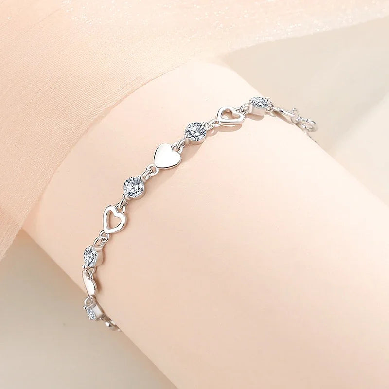 DL Sterling Silver Heart Shaped Bracelet For Women