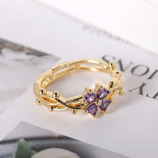 DL Purple Four Leaf Zircon Flower Rings for Women