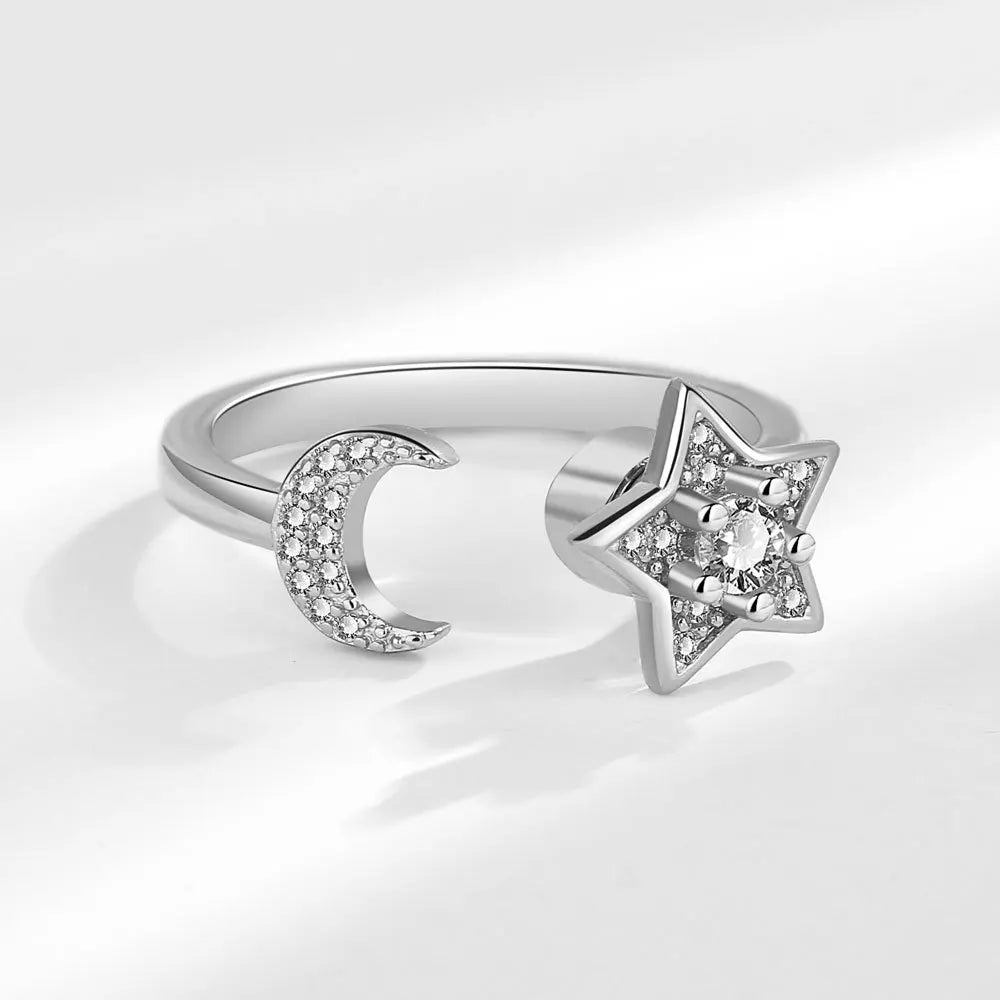 DL  Sterling Silver Moon And Stars Zircon Rotatable Ring