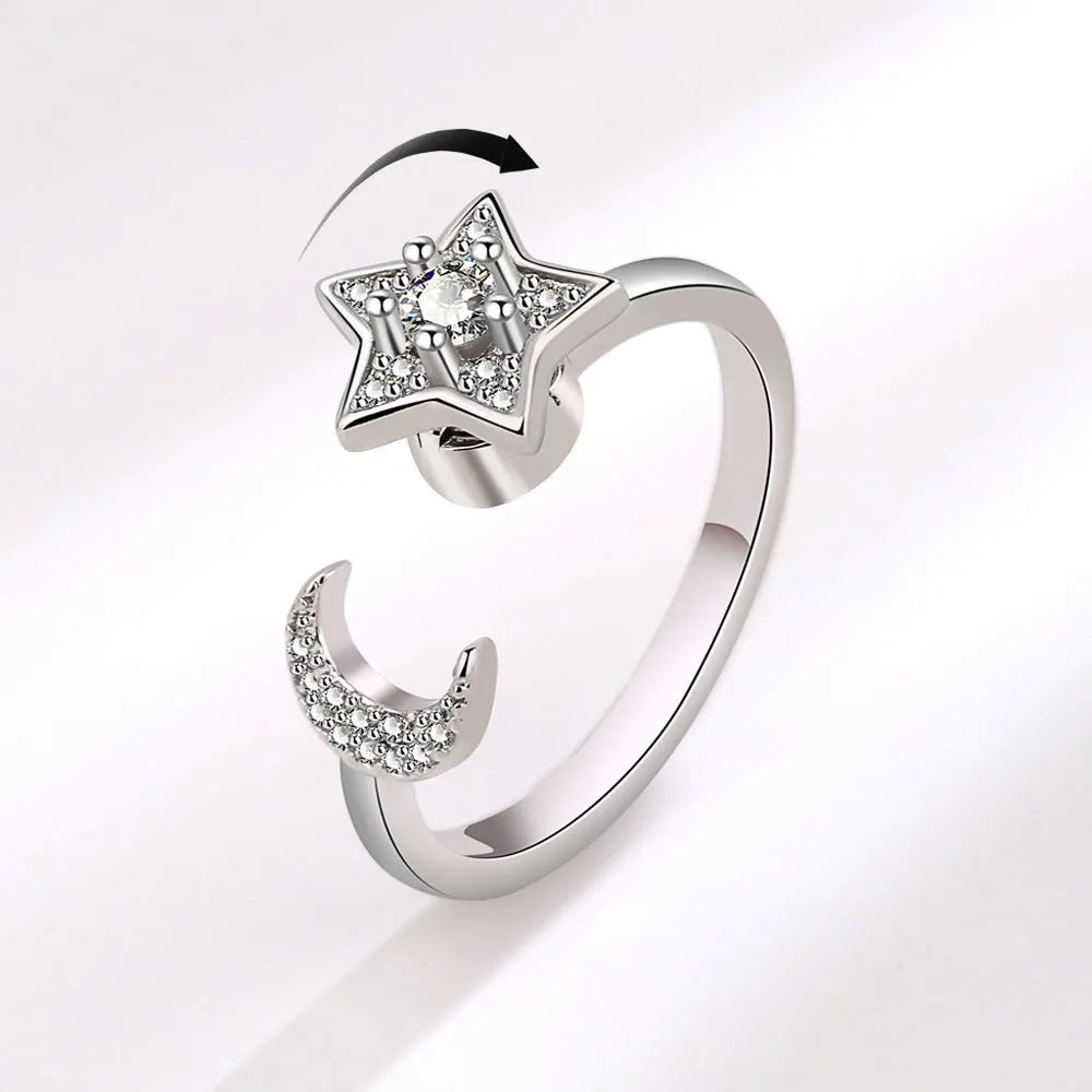 DL  Sterling Silver Moon And Stars Zircon Rotatable Ring