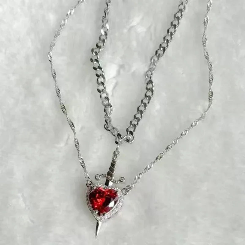 DL Heart and Sword Zircon Pendant Necklace for Women