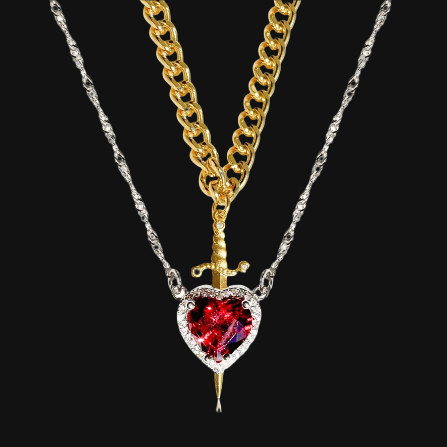 DL Heart and Sword Zircon Pendant Necklace for Women