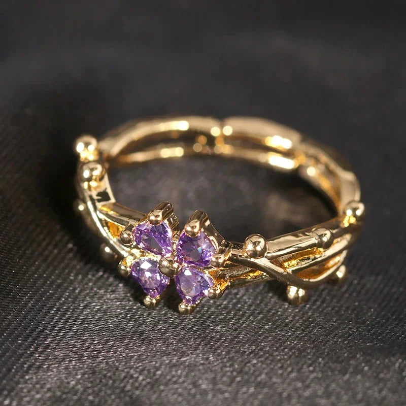 DL Purple Four Leaf Zircon Flower Rings for Women