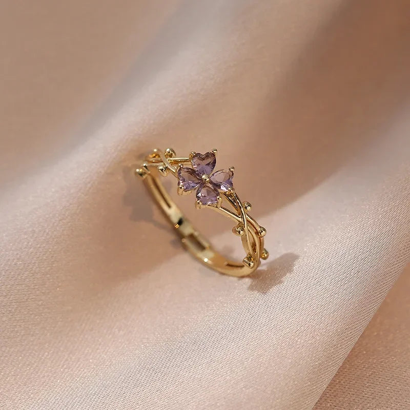 DL Purple Four Leaf Zircon Flower Rings for Women