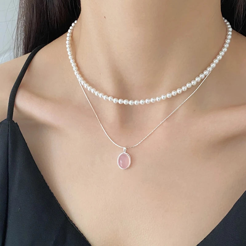 DL Pink Crystal Moonstone Necklace For Women