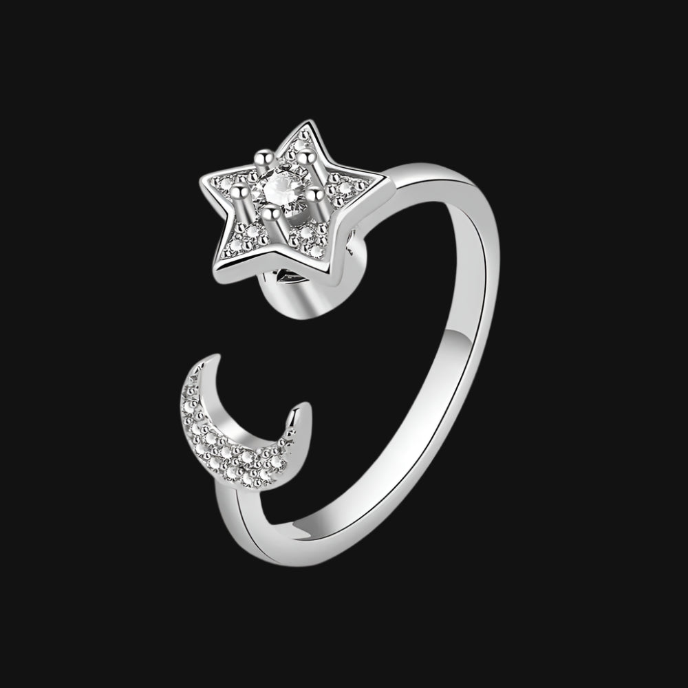 DL  Sterling Silver Moon And Stars Zircon Rotatable Ring