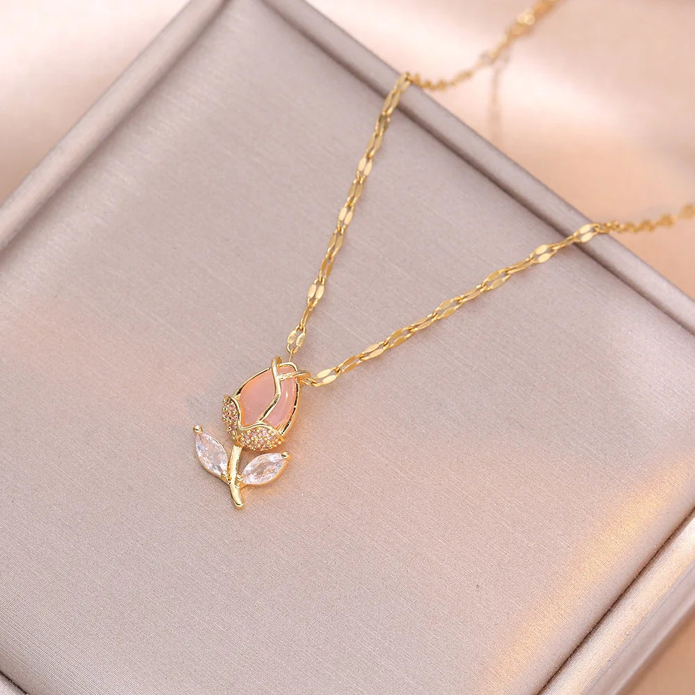 DL Sweet Romantic Pink Tulip Pendant Necklaces for Women