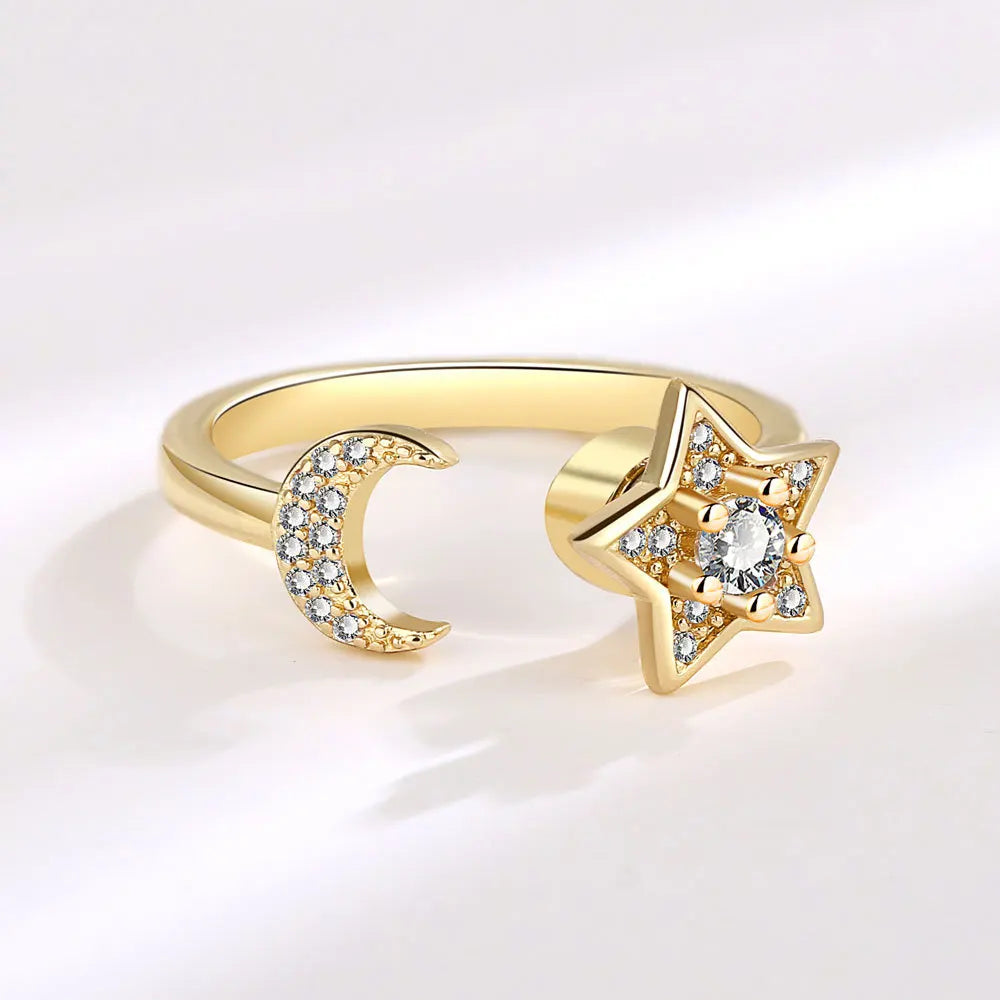 DL  Sterling Silver Moon And Stars Zircon Rotatable Ring