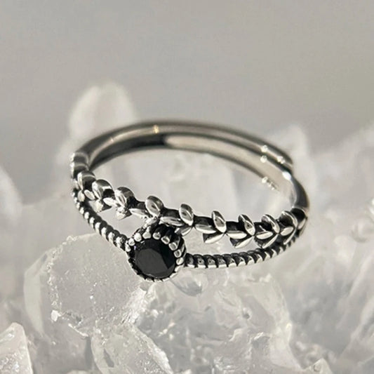 DL Silver Open Finger Black Stone Ring