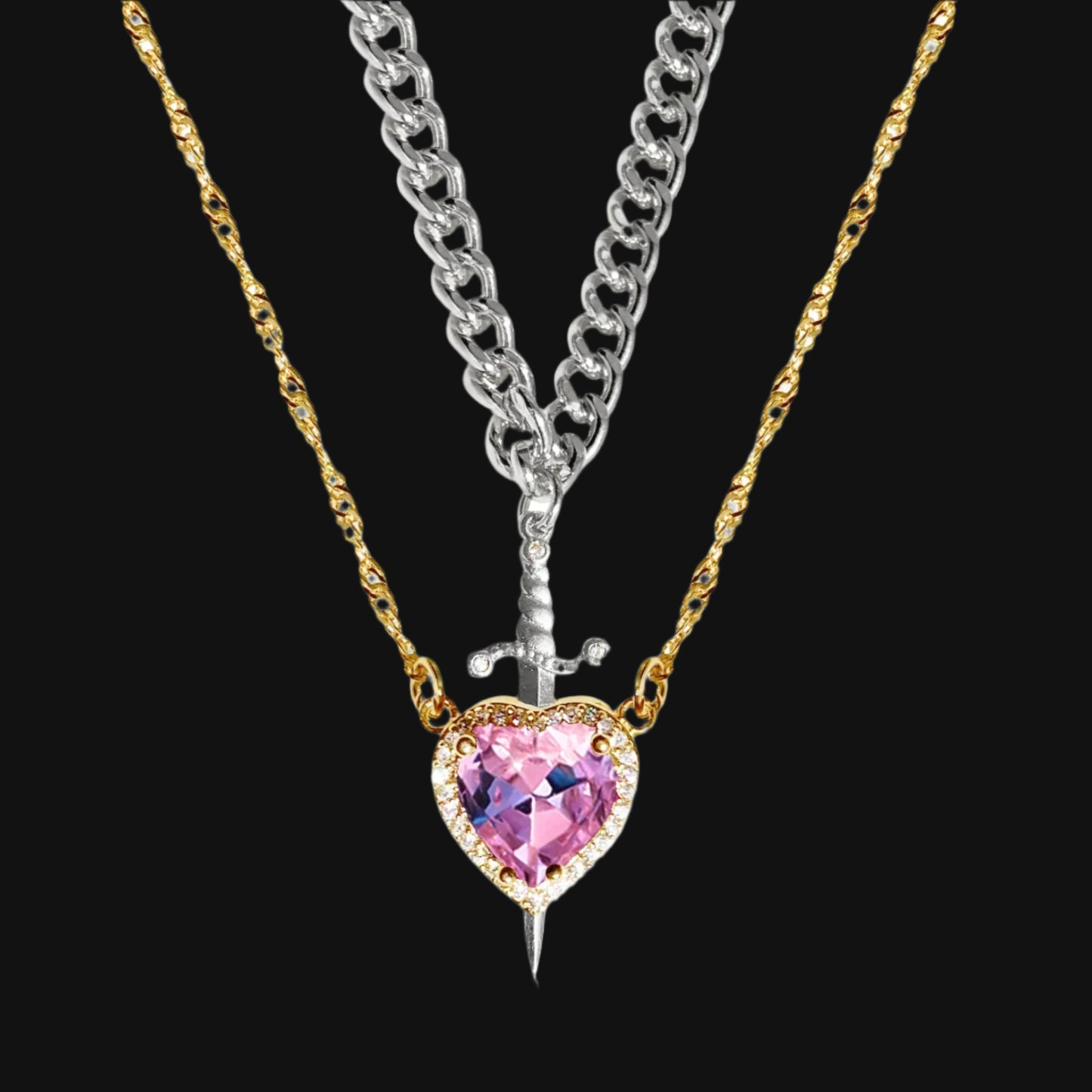 DL Heart and Sword Zircon Pendant Necklace for Women