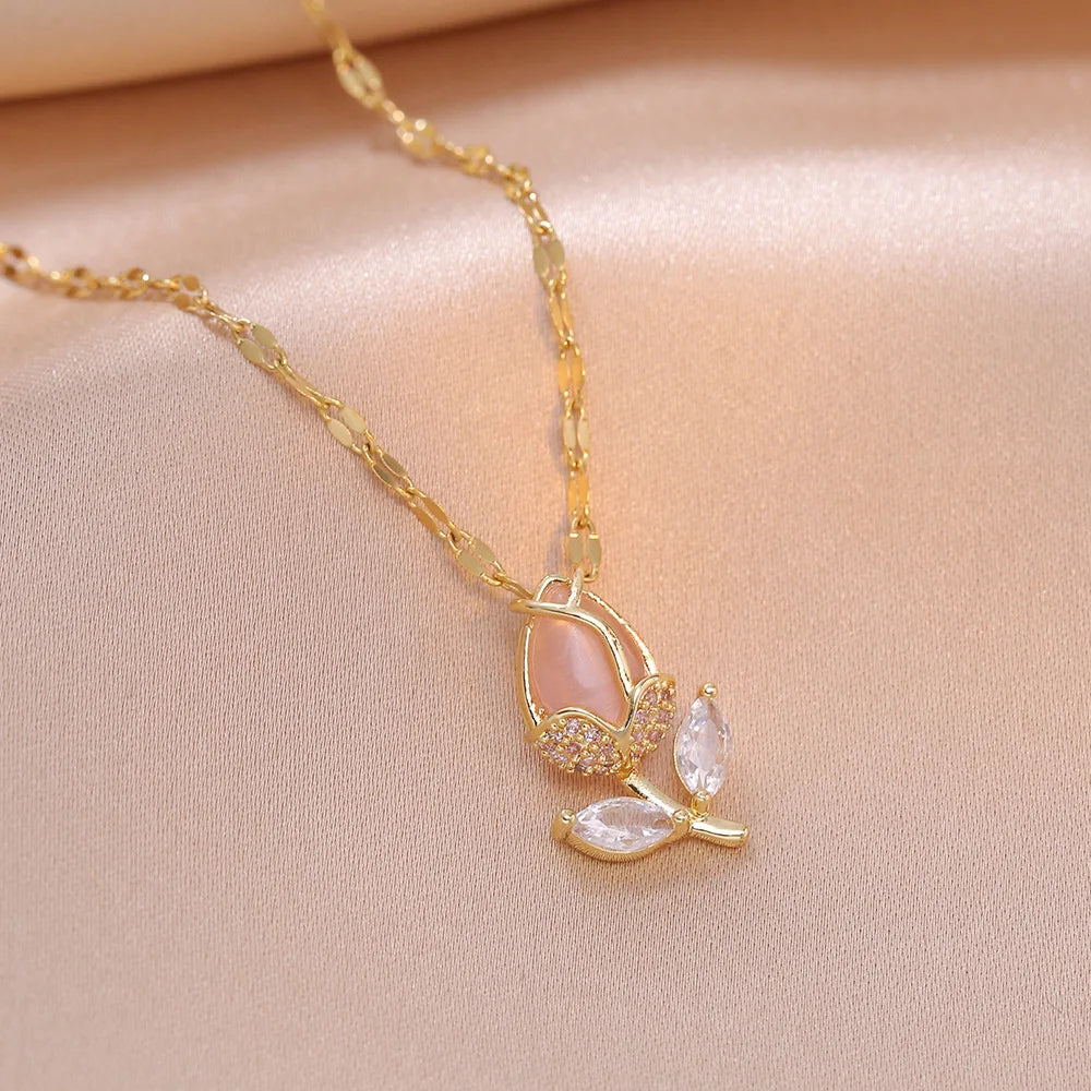 DL Sweet Romantic Pink Tulip Pendant Necklaces for Women