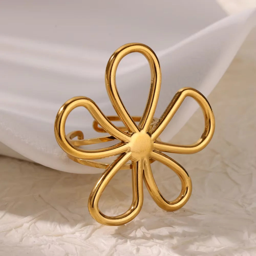 DL Elegant Stainless Steel Big Bloom Flower Rings For Women