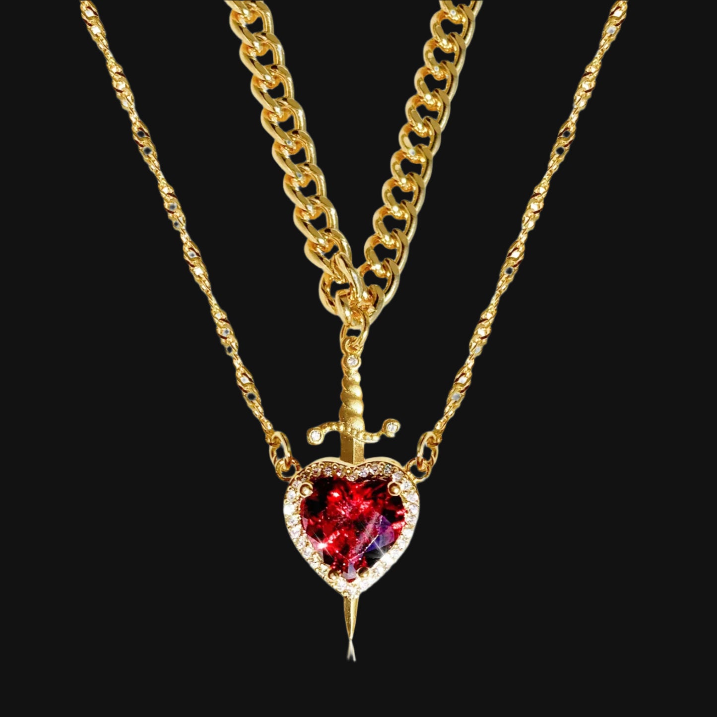 DL Heart and Sword Zircon Pendant Necklace for Women