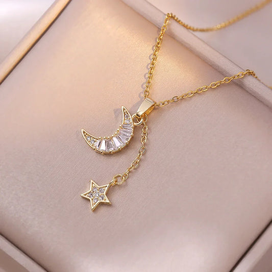 DL Classic Shiny Zircon Star Moon Pendant Necklace for Women