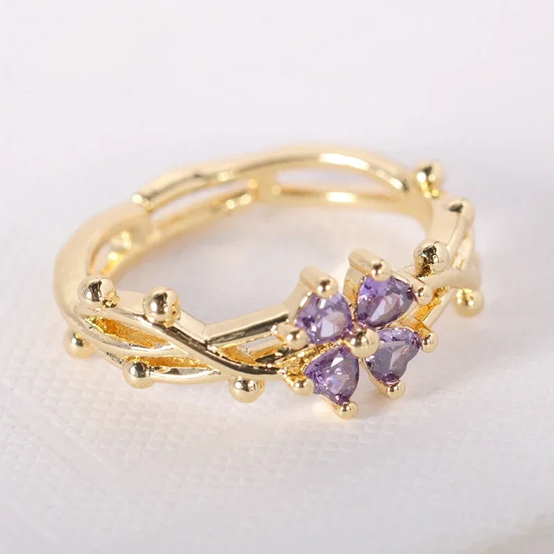 DL Purple Four Leaf Zircon Flower Rings for Women