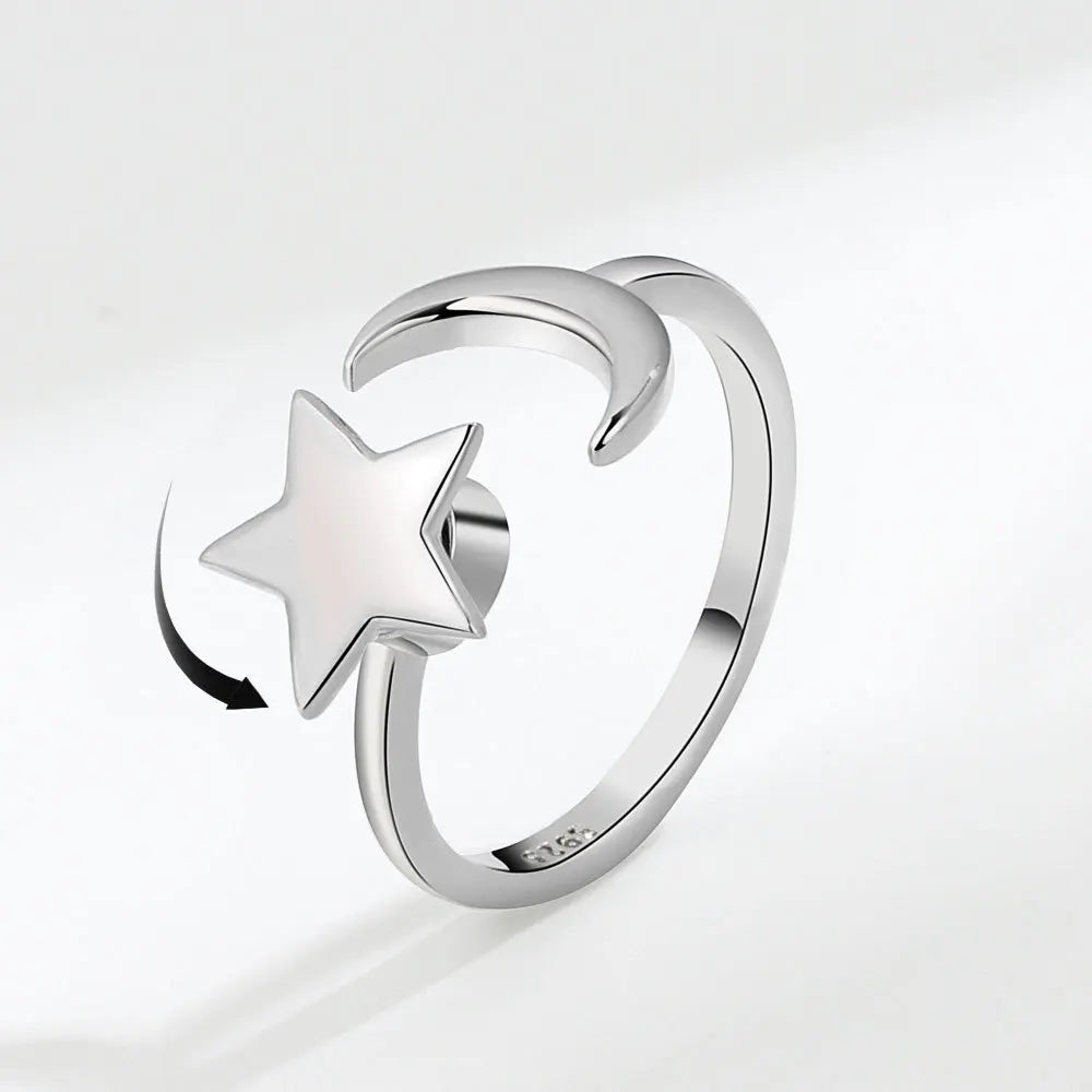 DL  Sterling Silver Moon And Stars Zircon Rotatable Ring