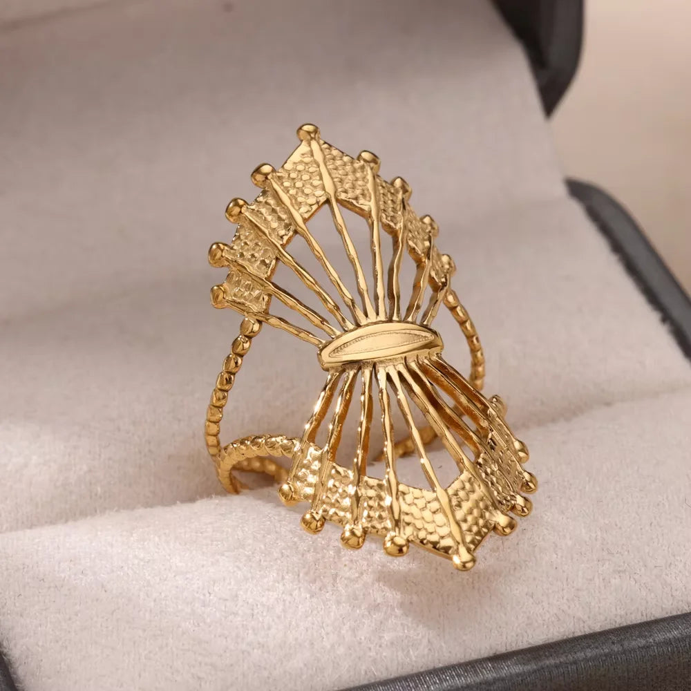 DL Elegant Stainless Steel Big Bloom Flower Rings For Women