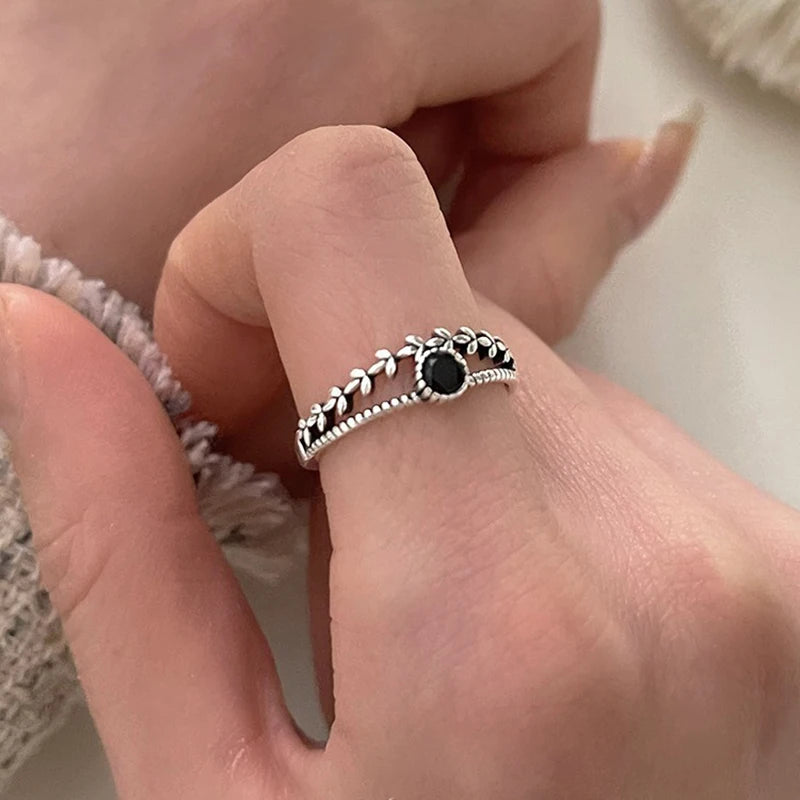 DL Silver Open Finger Black Stone Ring