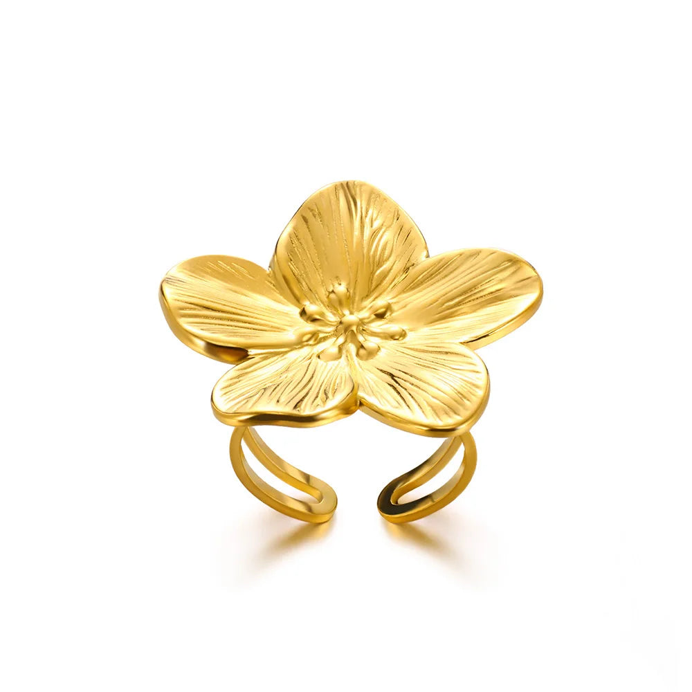 DL Elegant Stainless Steel Big Bloom Flower Rings For Women