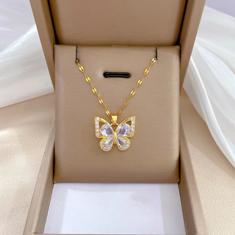 DL Rhinestone White Clear Butterfly Necklaces