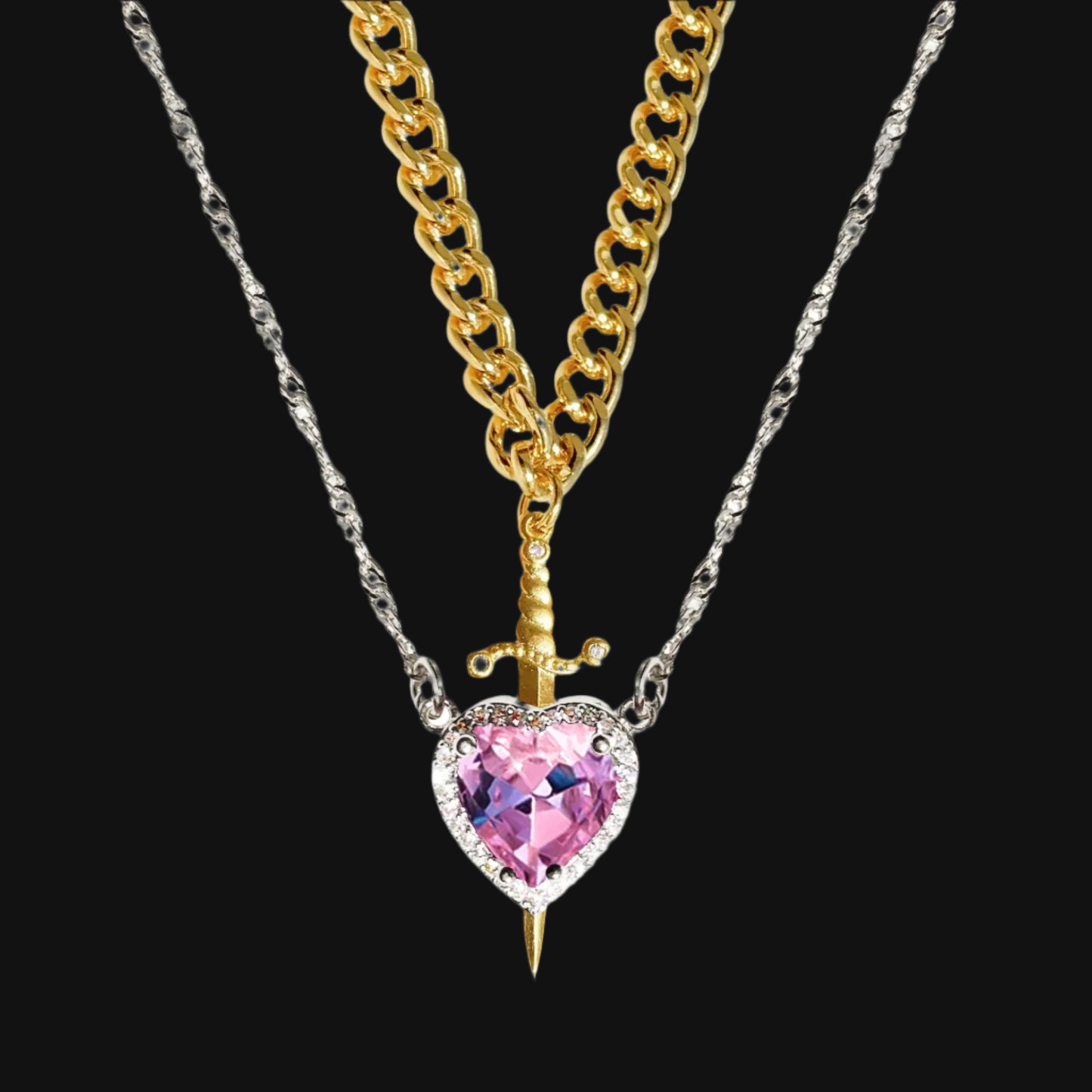 DL Heart and Sword Zircon Pendant Necklace for Women