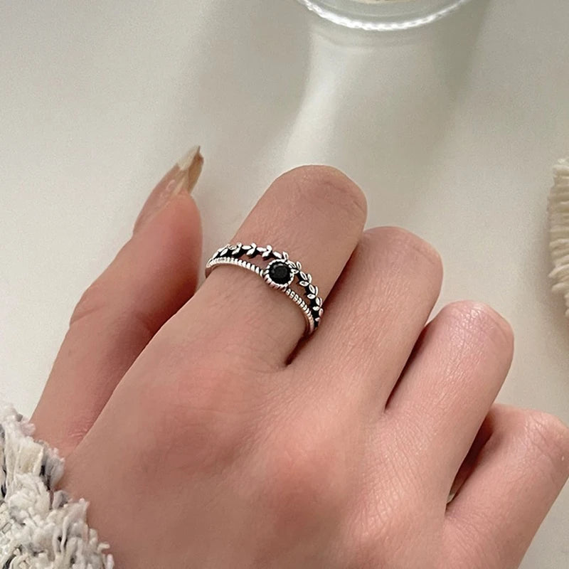 DL Silver Open Finger Black Stone Ring