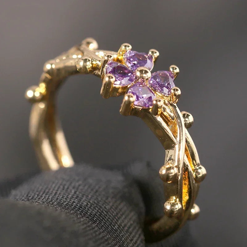 DL Purple Four Leaf Zircon Flower Rings for Women