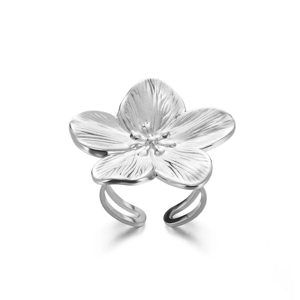 DL Elegant Stainless Steel Big Bloom Flower Rings For Women