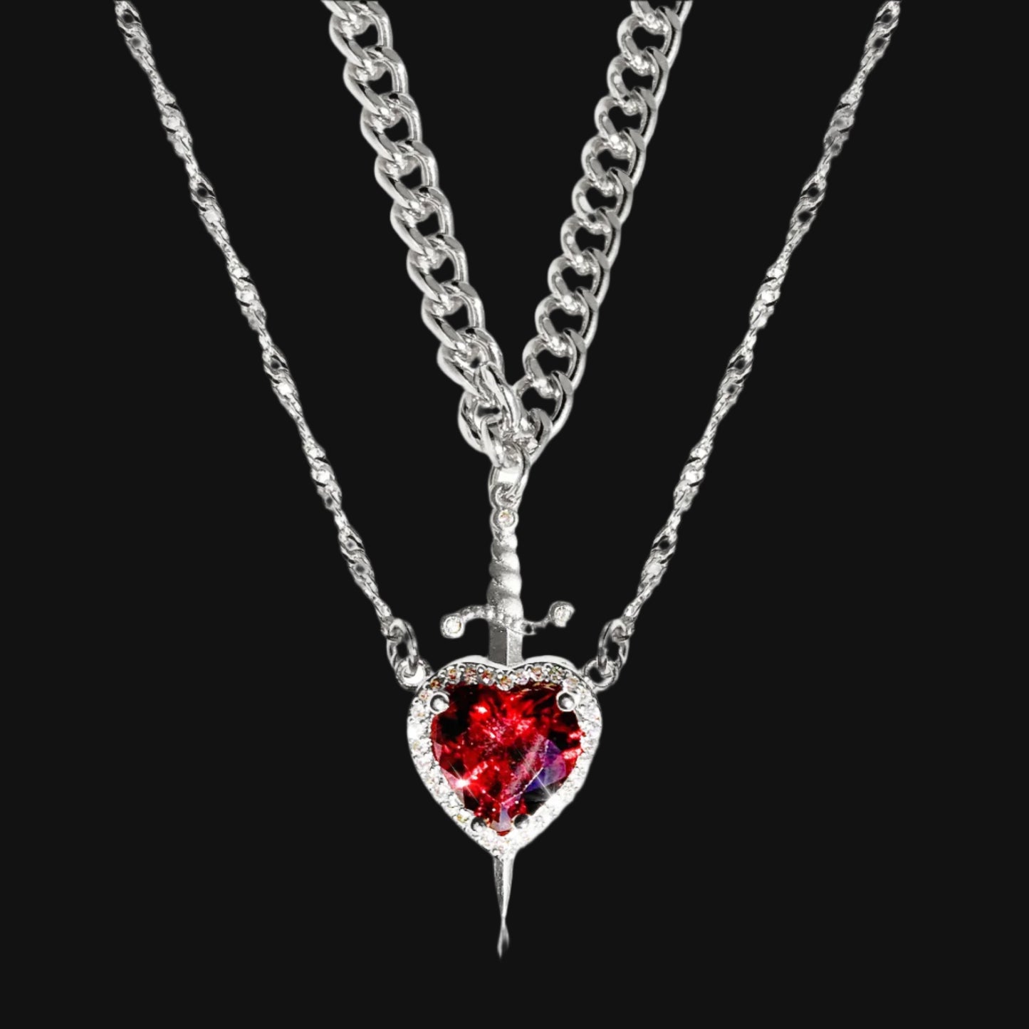 DL Heart and Sword Zircon Pendant Necklace for Women