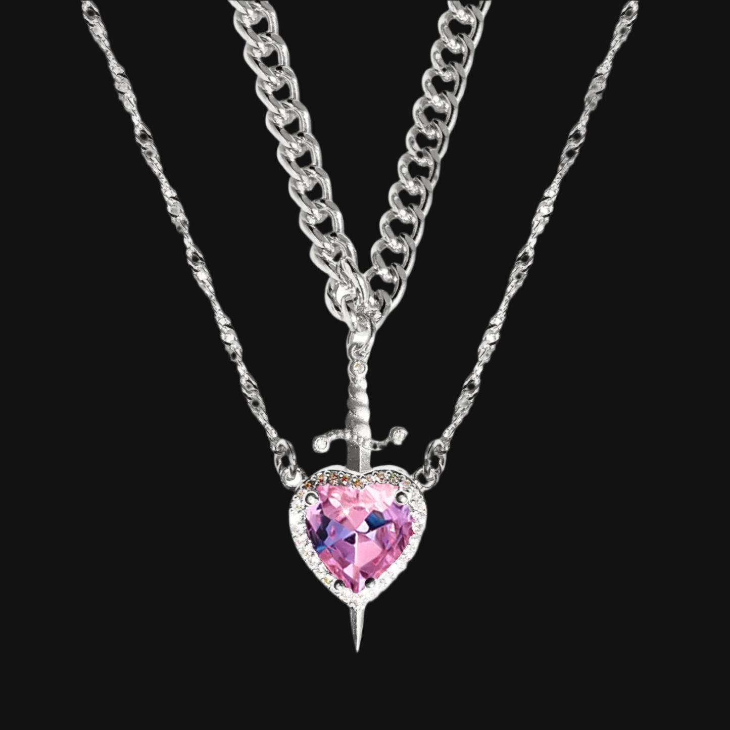 DL Heart and Sword Zircon Pendant Necklace for Women