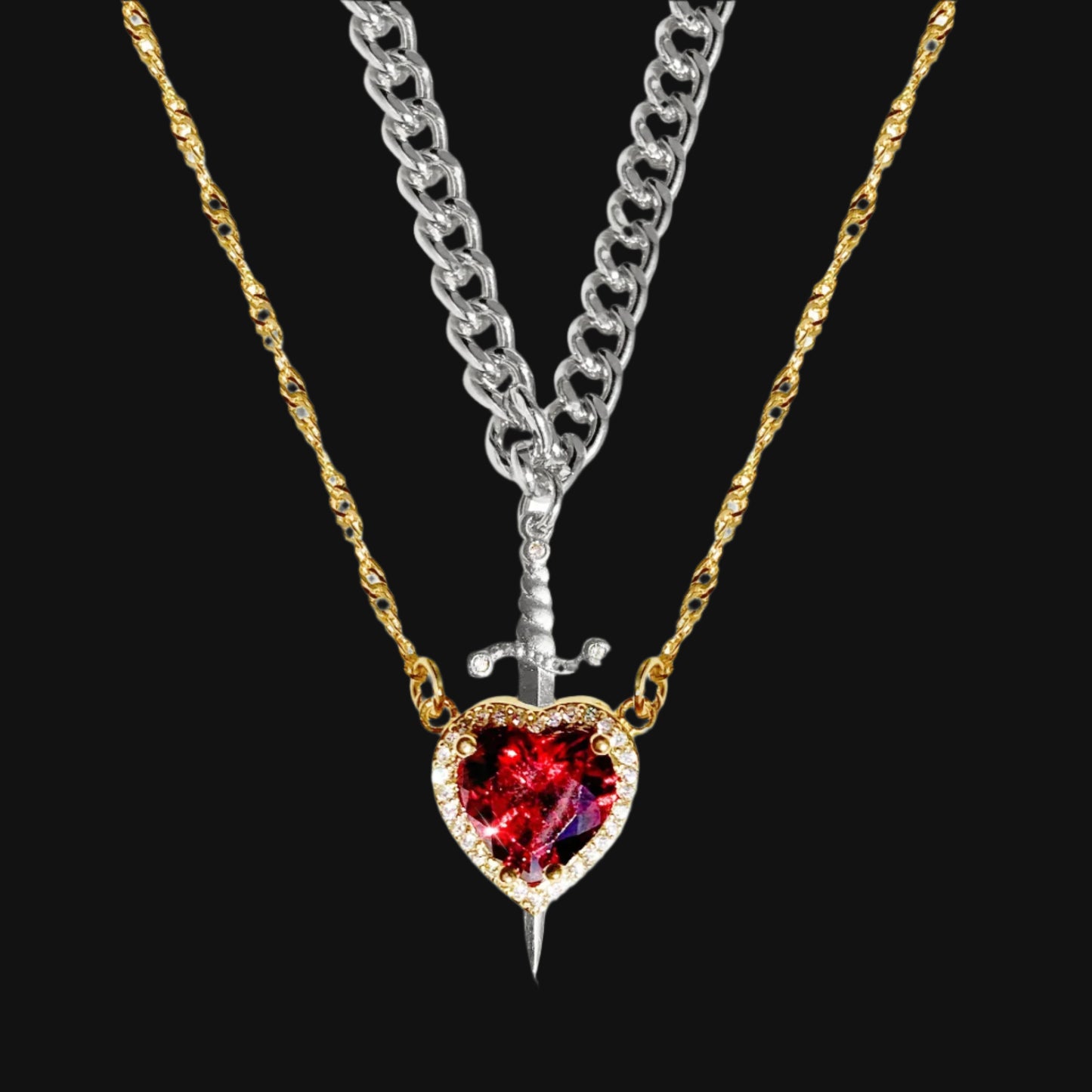 DL Heart and Sword Zircon Pendant Necklace for Women